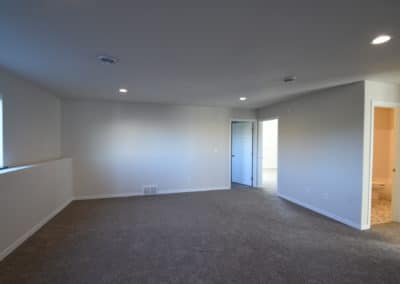 View of large carpeted living area with view of door to bathroom